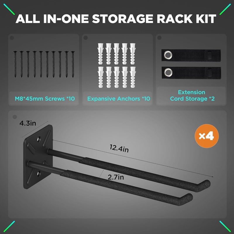 Nacial Garage Hooks, Heavy Duty Garage Hooks, 12.4 Inch Wall Mount Hangers, Max Load 200 lbs Garage Storage Utility Hook for Car Tires, Ladders, Chairs, Strollers, Power Tools, Garden Tools - 4 Pack - Image 2